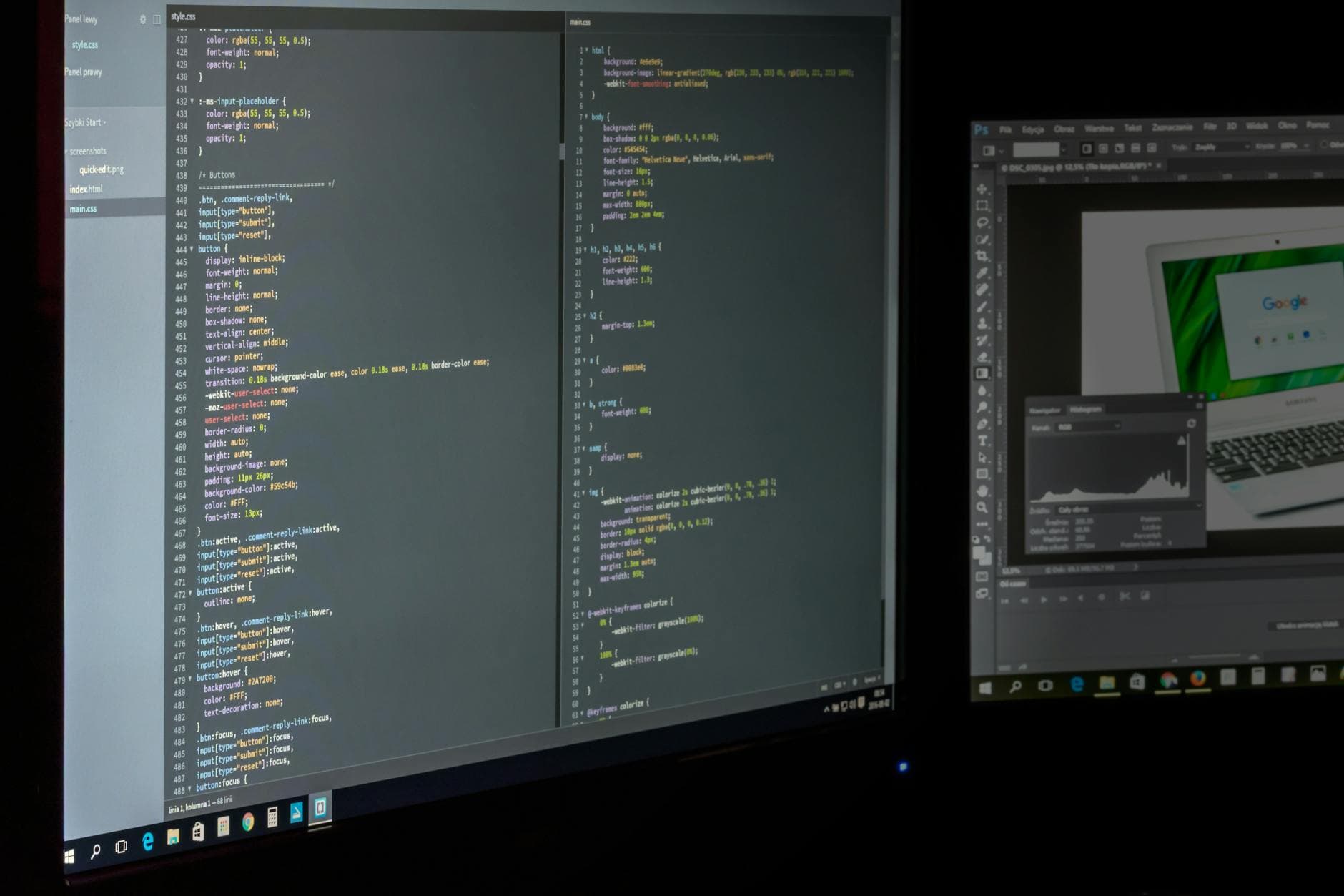 A focused developer working at a clean desk with code on a single monitor — the studio side of SGAI.